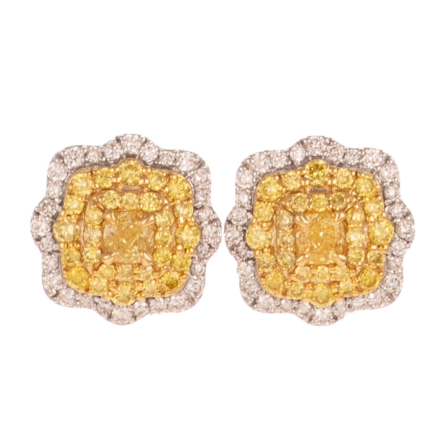 A Pair of Yellow Diamond Flower Studs in 18K