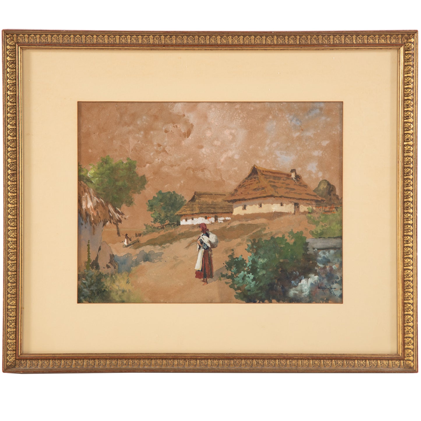 Antal Neogrady. Village Scene, gouache