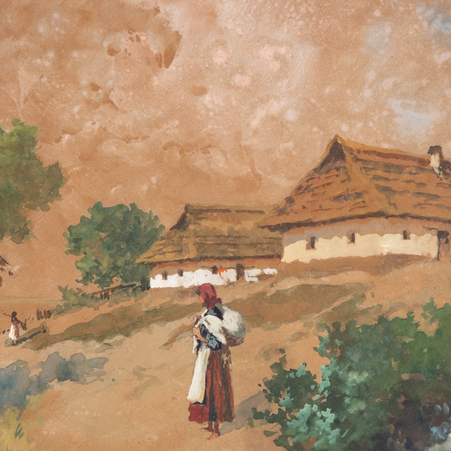 Antal Neogrady. Village Scene, gouache