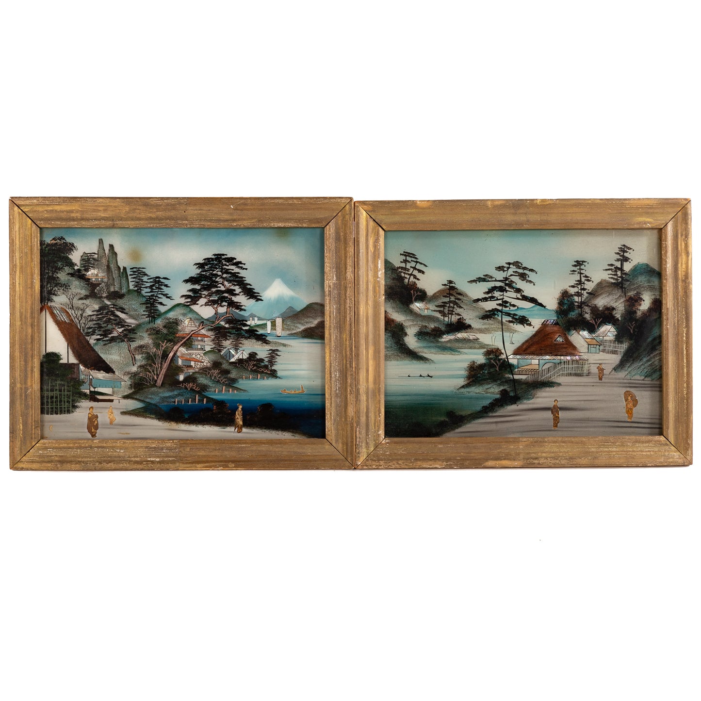 A Pair of Japanese Reverse Painted Glass Scenes
