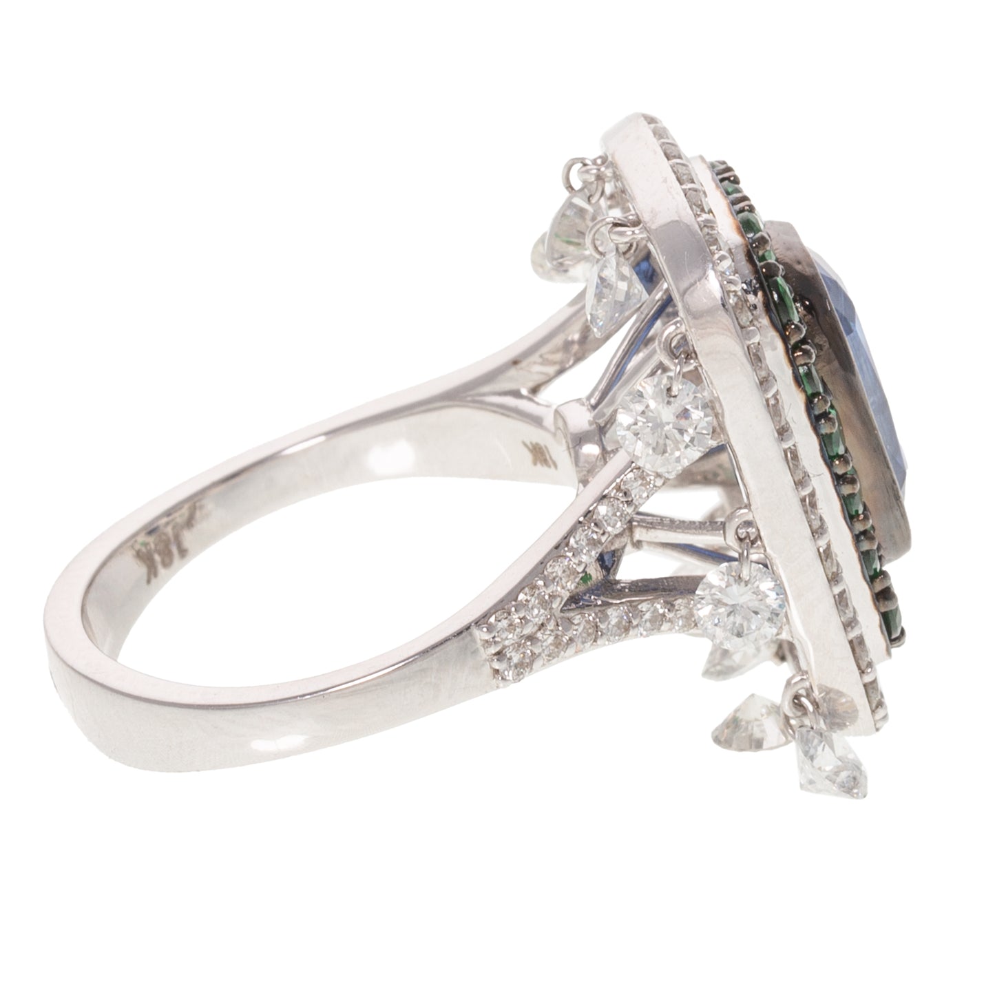 A Blue Kyanite, Emerald & Diamond Dangle Ring in 18K