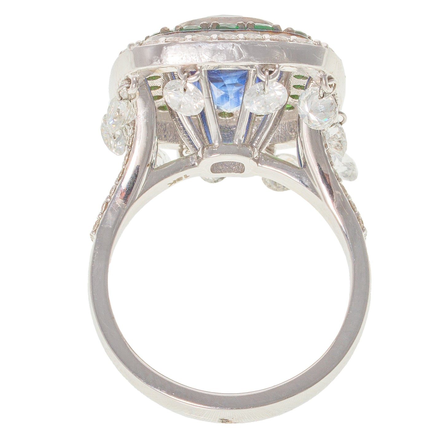 A Blue Kyanite, Emerald & Diamond Dangle Ring in 18K