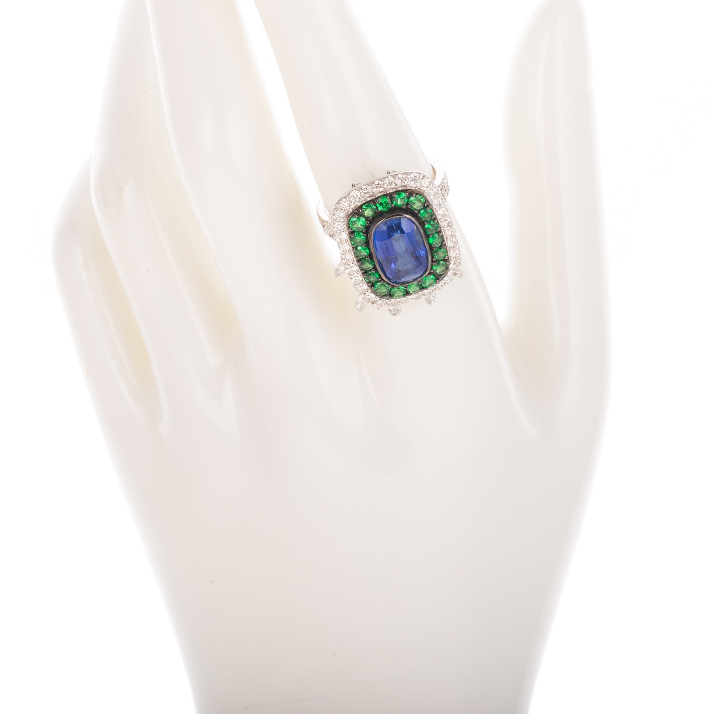 A Blue Kyanite, Emerald & Diamond Dangle Ring in 18K