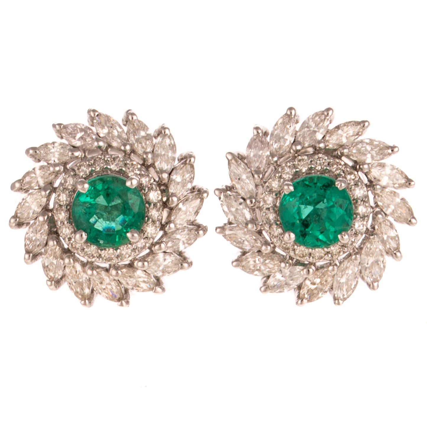 A Pair of Emerald & Diamond Halo Studs in 14K