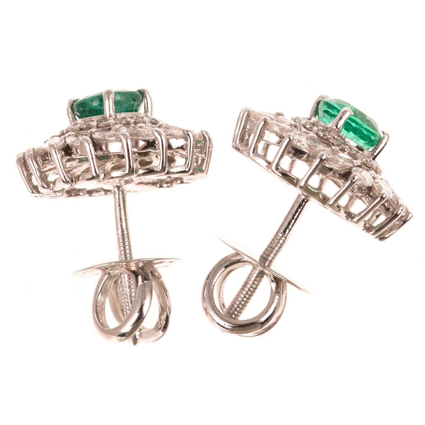 A Pair of Emerald & Diamond Halo Studs in 14K