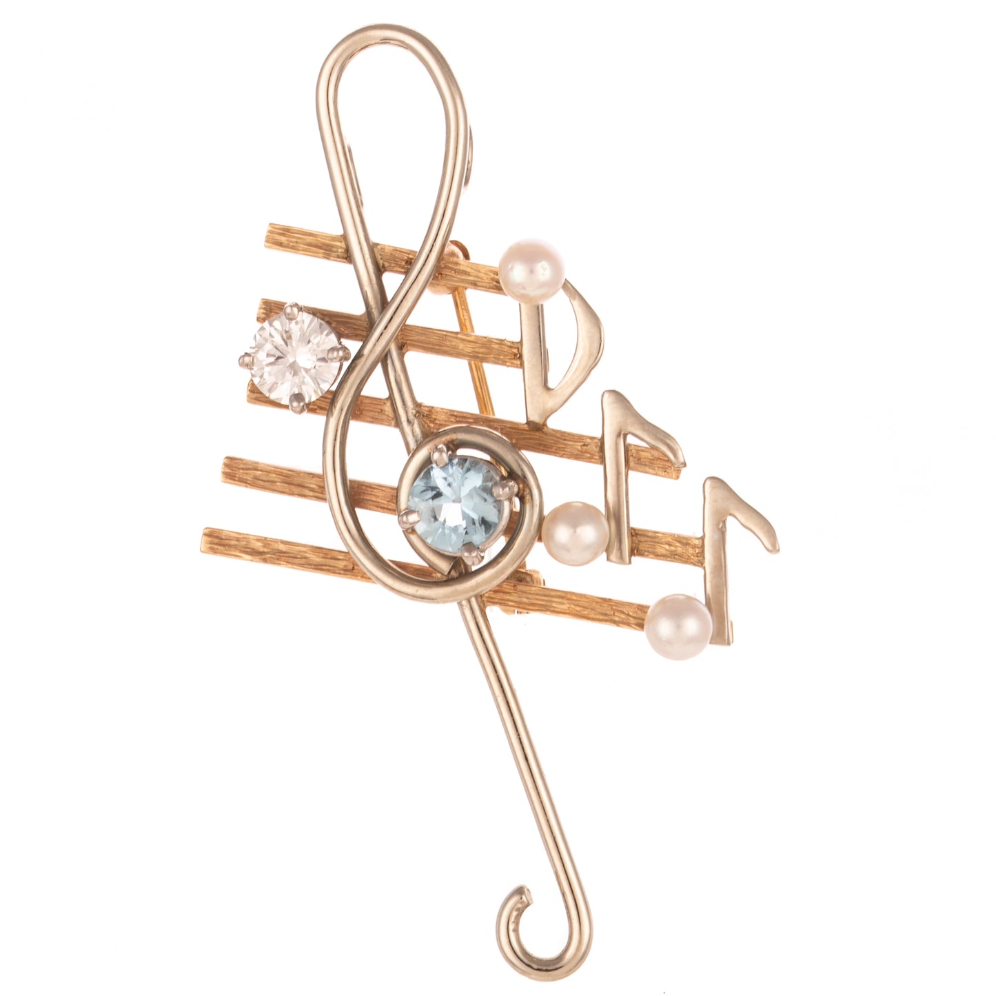A Diamond & Aquamarine Treble Cleft Brooch in 14K