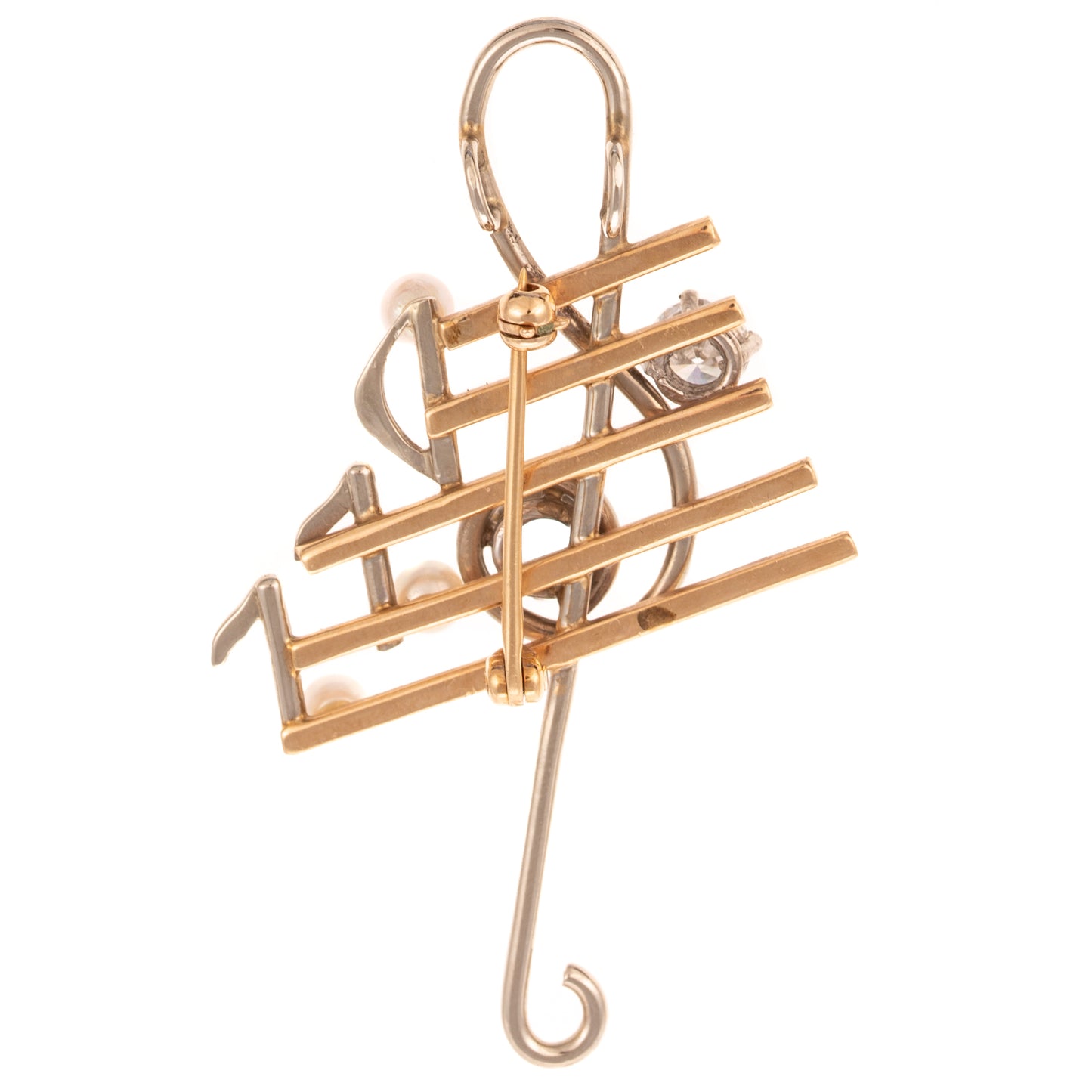 A Diamond & Aquamarine Treble Cleft Brooch in 14K