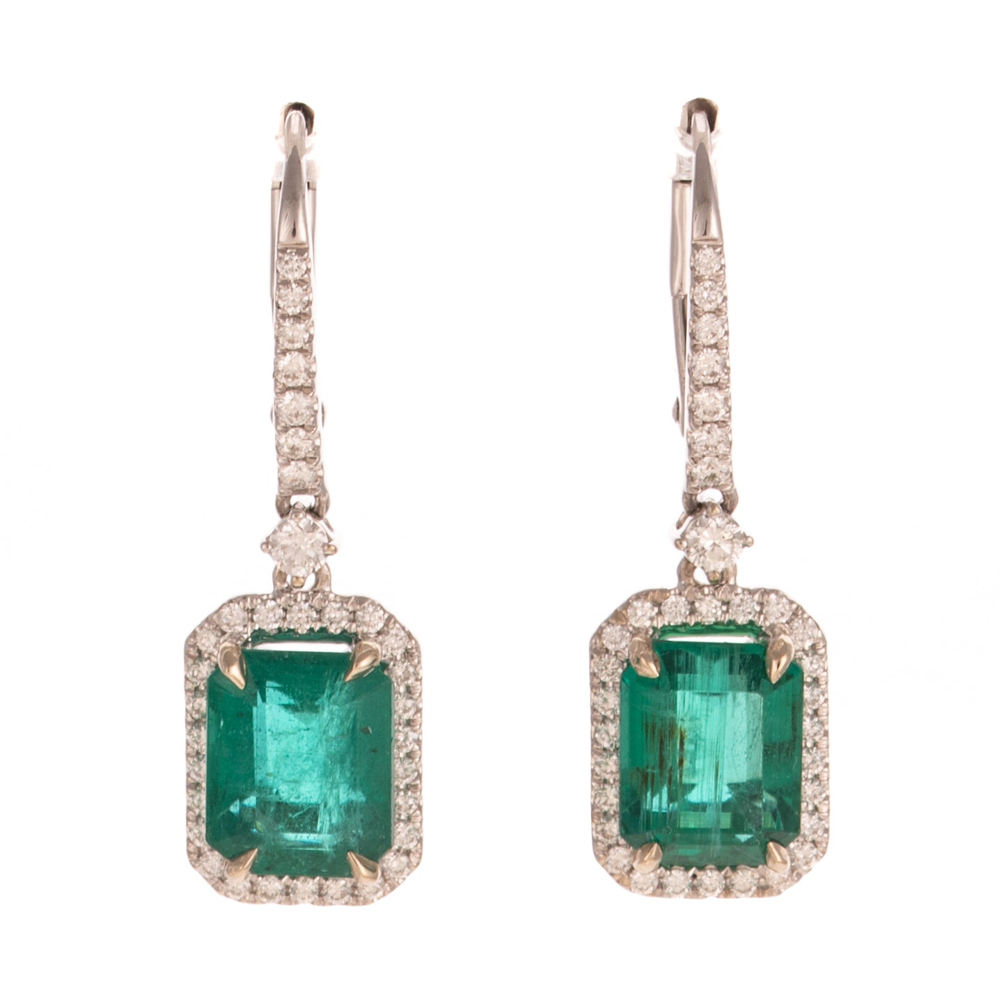 A Pair of Emerald & Diamond Dangle Earrings in 14K