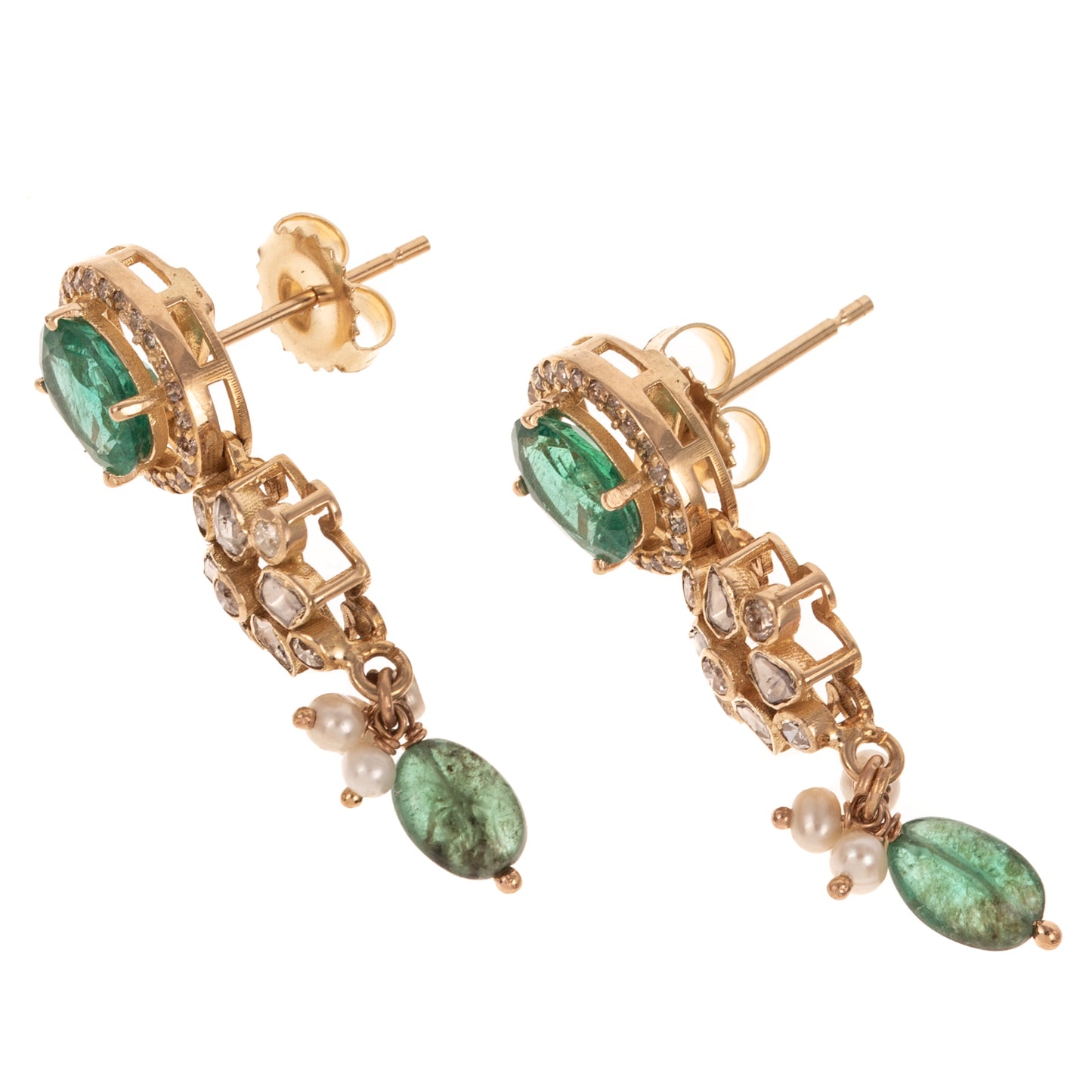 A Pair of Emerald, Pearl & Diamond Earrings in 18K