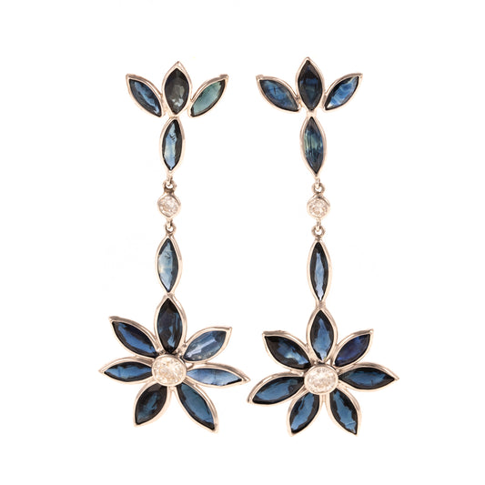 A Pair of Floral Sapphire Dangle Earrings in 14K