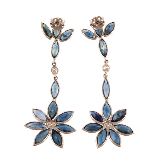 A Pair of Floral Sapphire Dangle Earrings in 14K