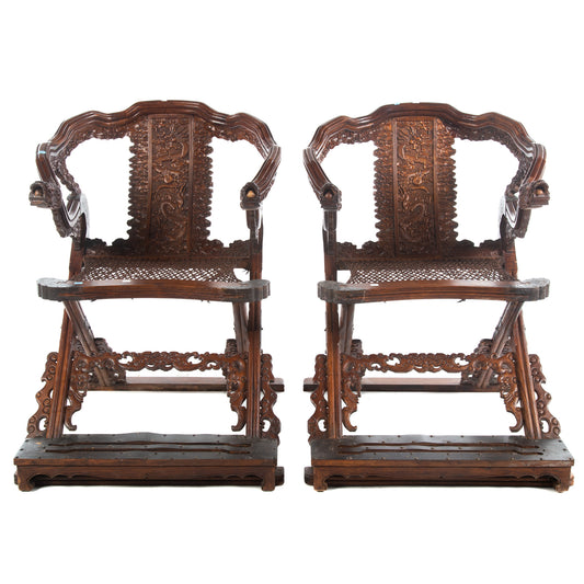 A Pair or Chinese Carved Wood Yoke Back Chairs