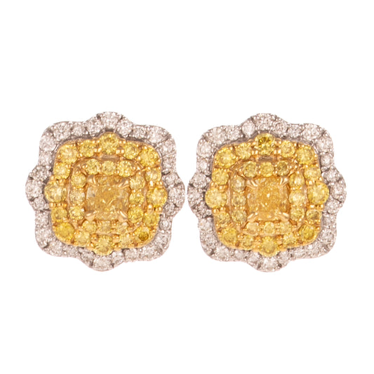 A Pair of Yellow Diamond Flower Studs in 18K