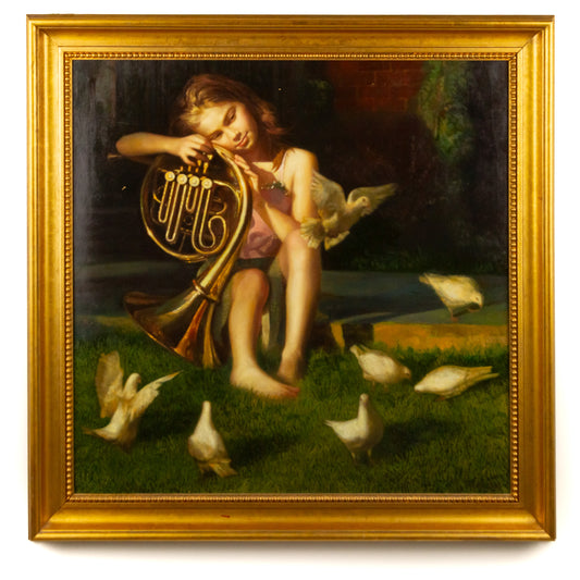 Zheng Zhiyue. Girl with French Horn and Doves, oil
