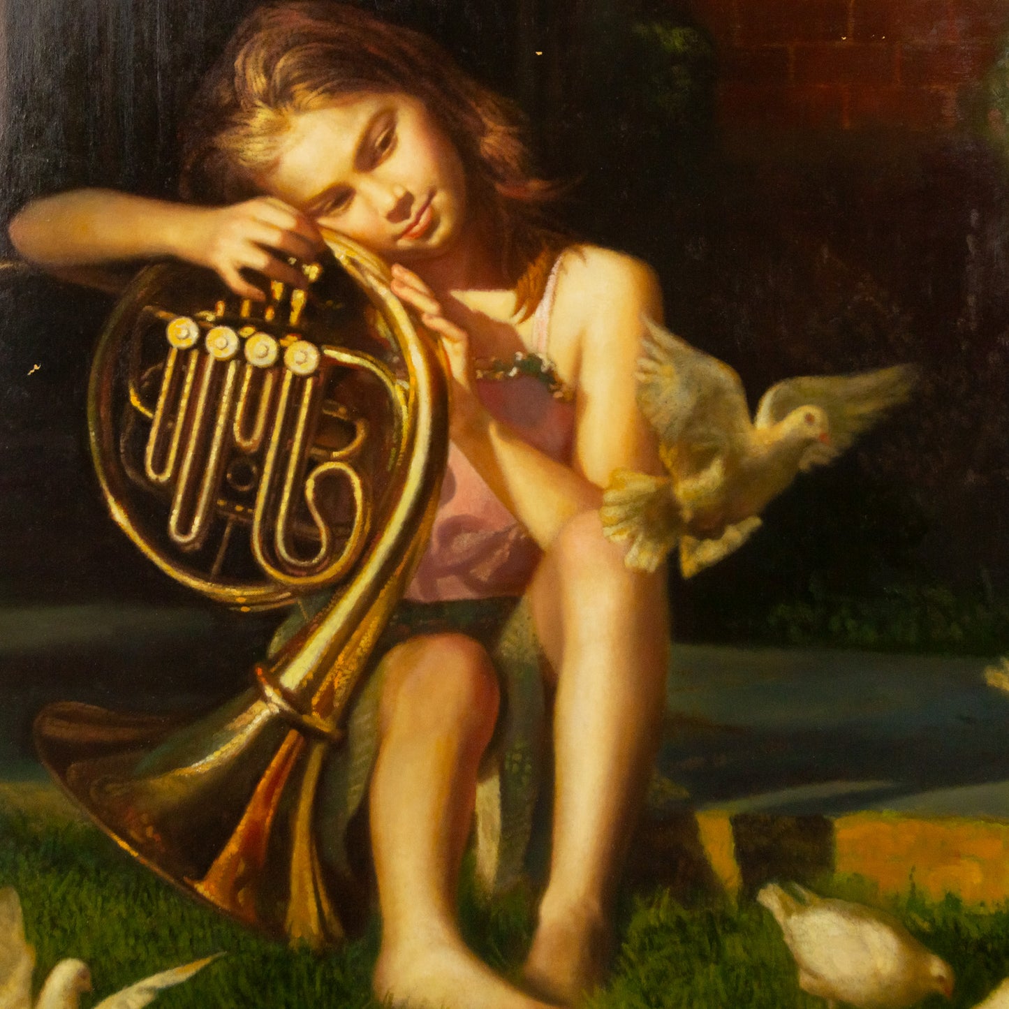 Zheng Zhiyue. Girl with French Horn and Doves, oil