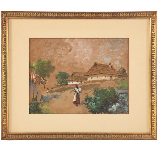 Antal Neogrady. Village Scene, gouache