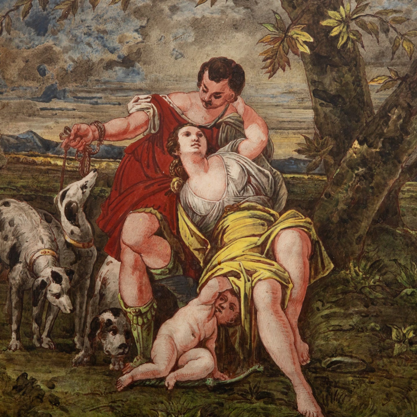 An Italian Glazed Porcelain Venus & Adonis Plaque