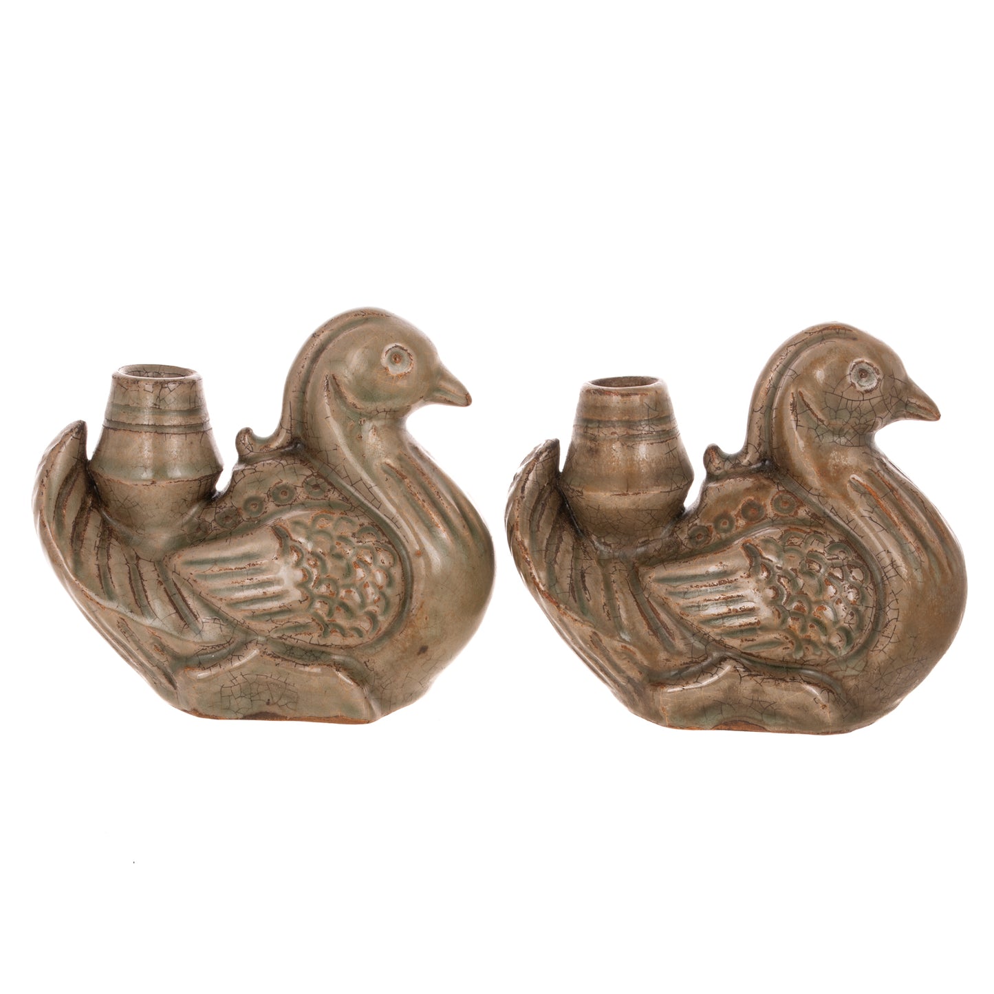 A Pair of Korean Celadon Duck-Form Joss Stick Holders
