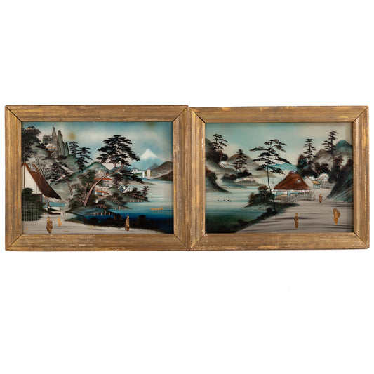 A Pair of Japanese Reverse Painted Glass Scenes