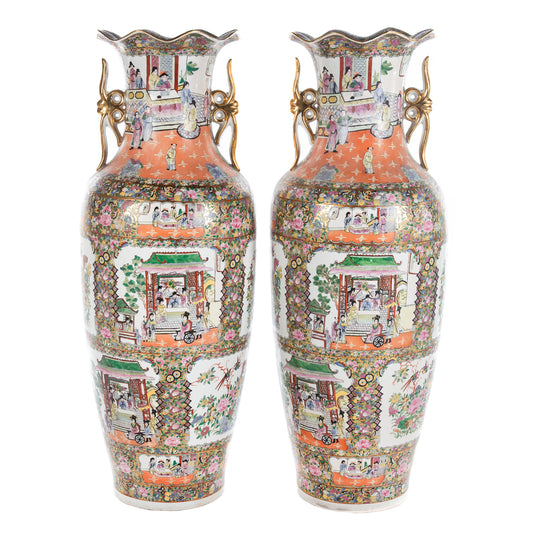 A Pair of Massive Rose Medallion Temple Vases
