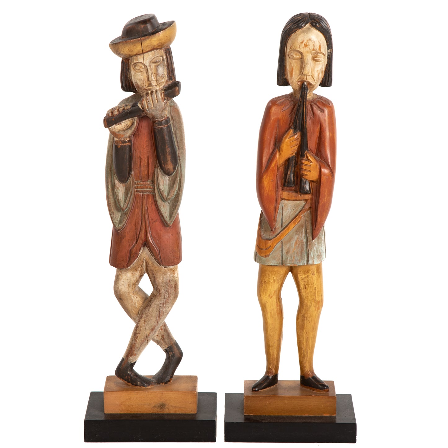 Two Hand-Carved Wooden Minstrel Figures From Spain