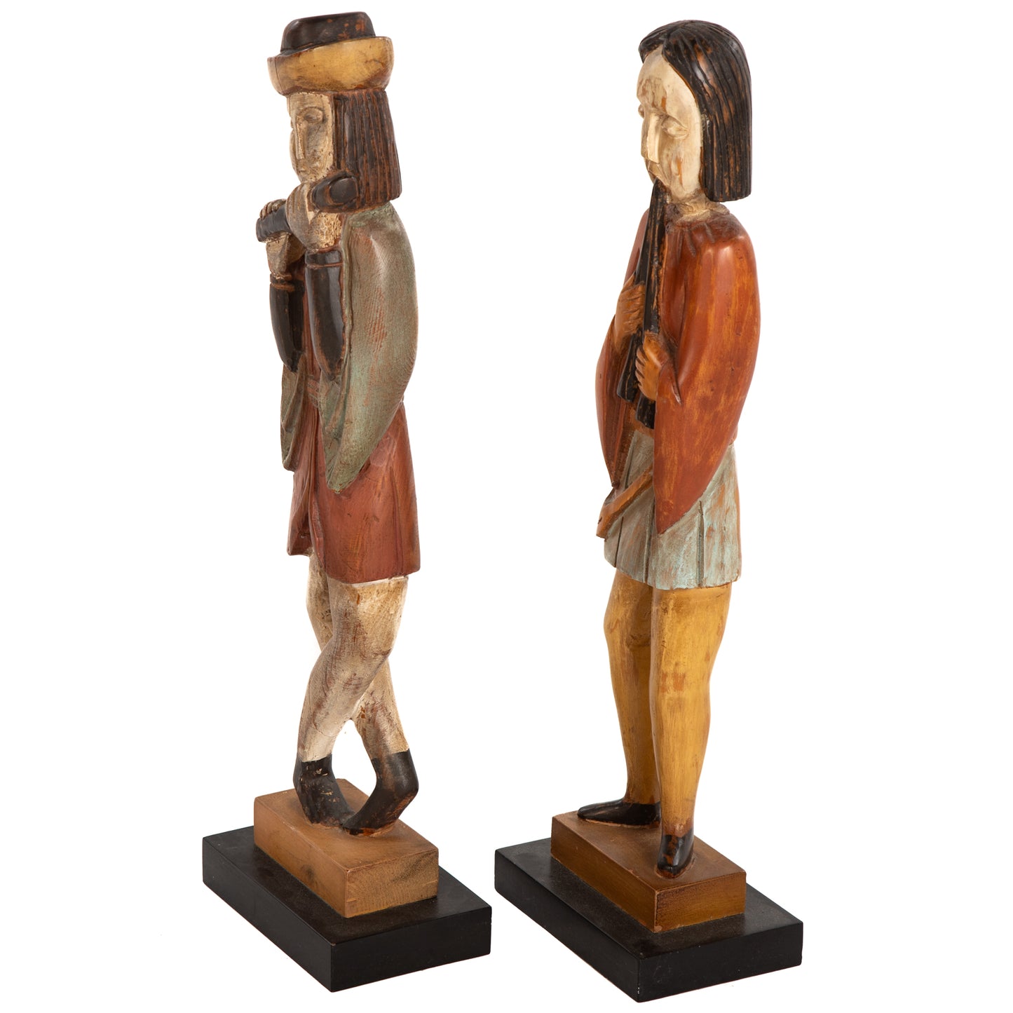 Two Hand-Carved Wooden Minstrel Figures From Spain