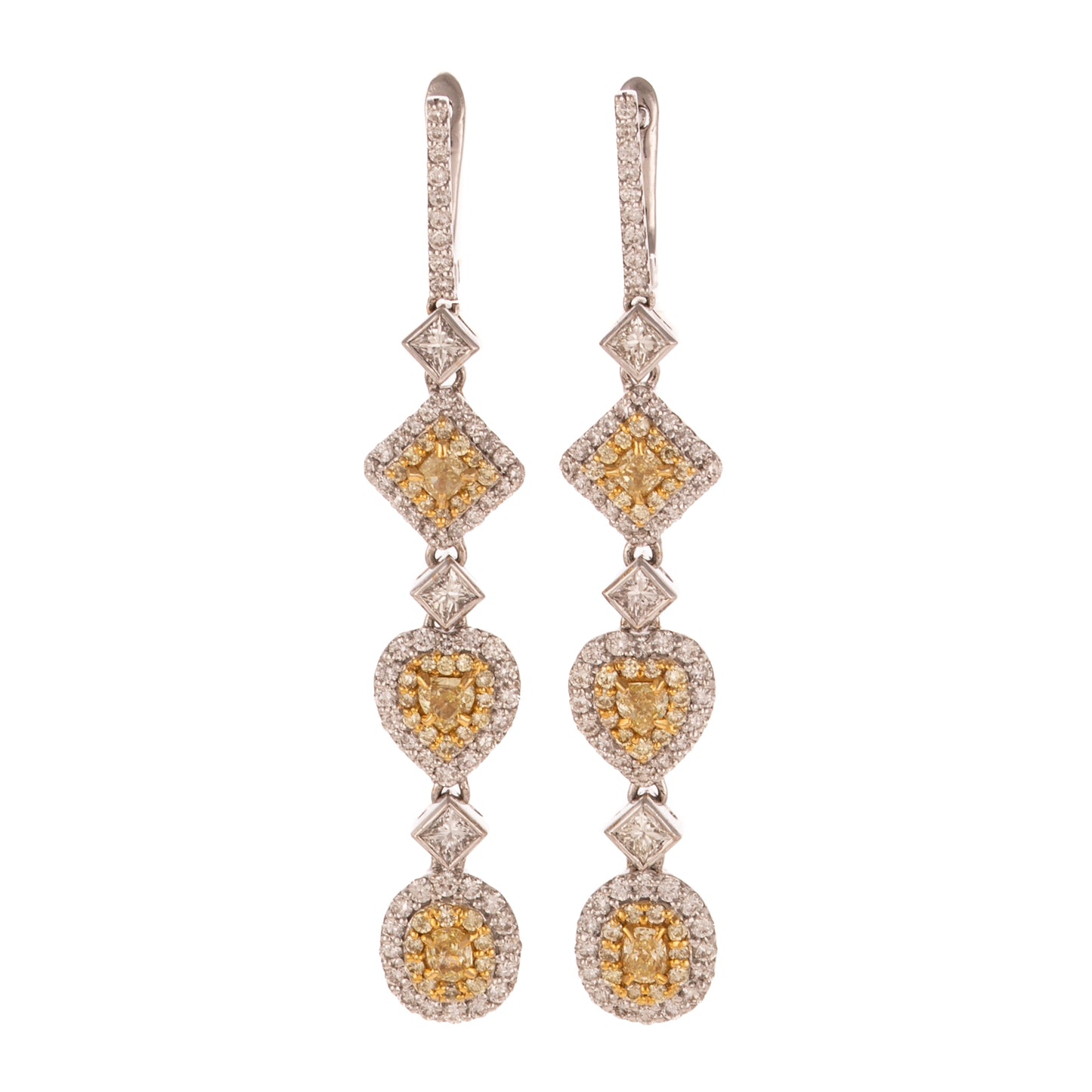 A Pair of Multi-Shaped Yellow Diamond Dangle Earrings in 18K
