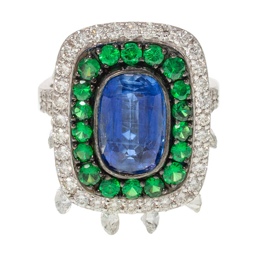 A Blue Kyanite, Emerald & Diamond Dangle Ring in 18K