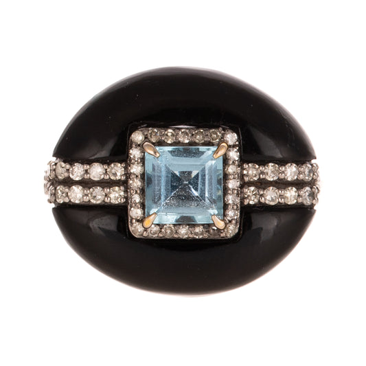 An Onyx & Aquamarine Ring in Sterling Silver