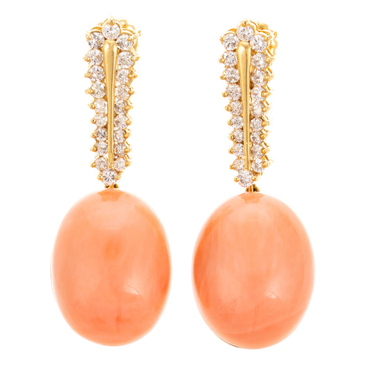 A Pair of Coral & Diamond Dangle Earrings in 14K
