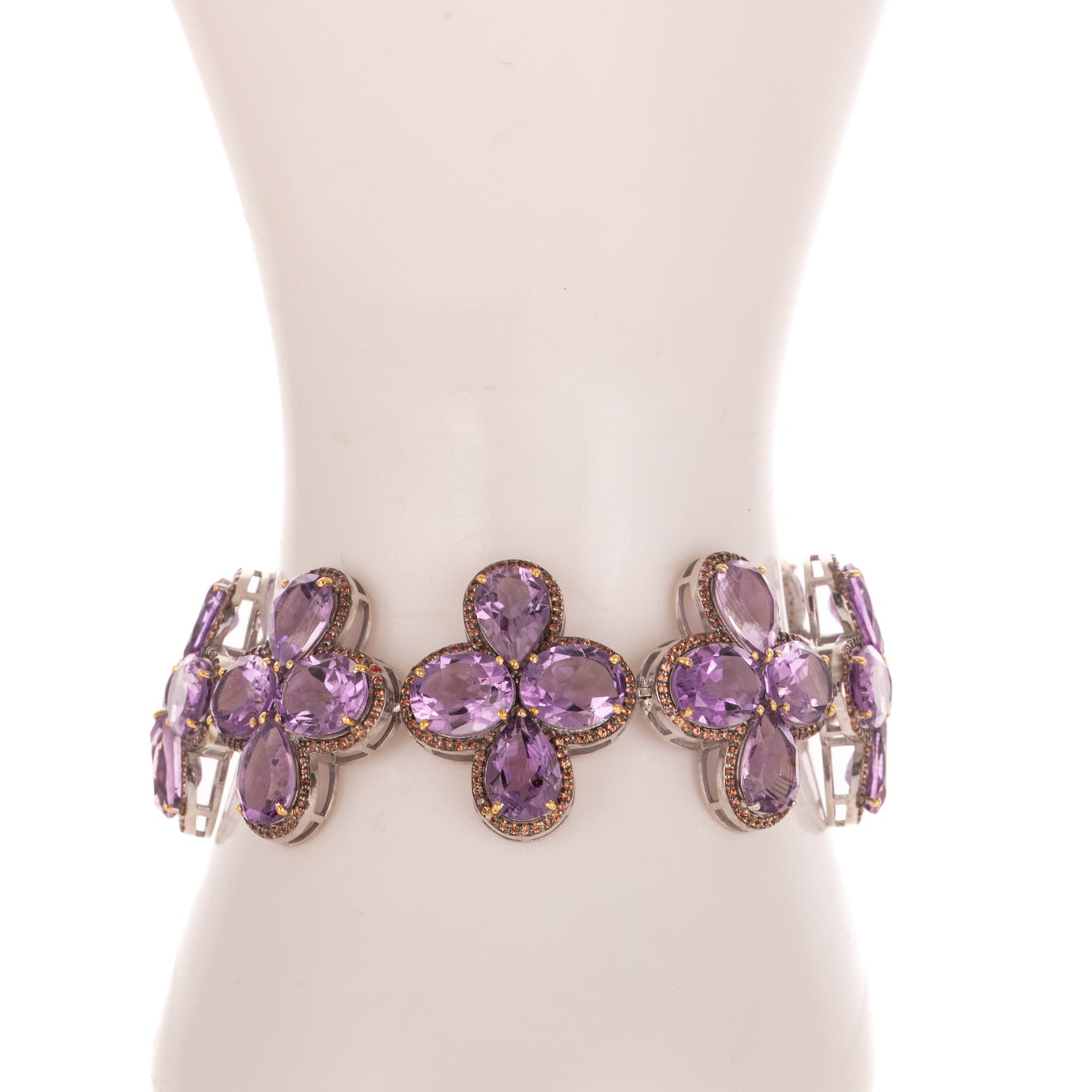 A Decorative Amethyst & Orange Sapphire Bracelet in Sterling Silver
