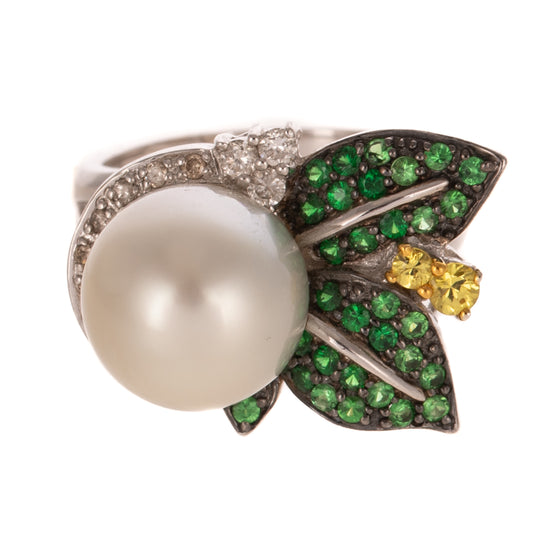 A Pearl & Gemstone Foliate Ring in 18K