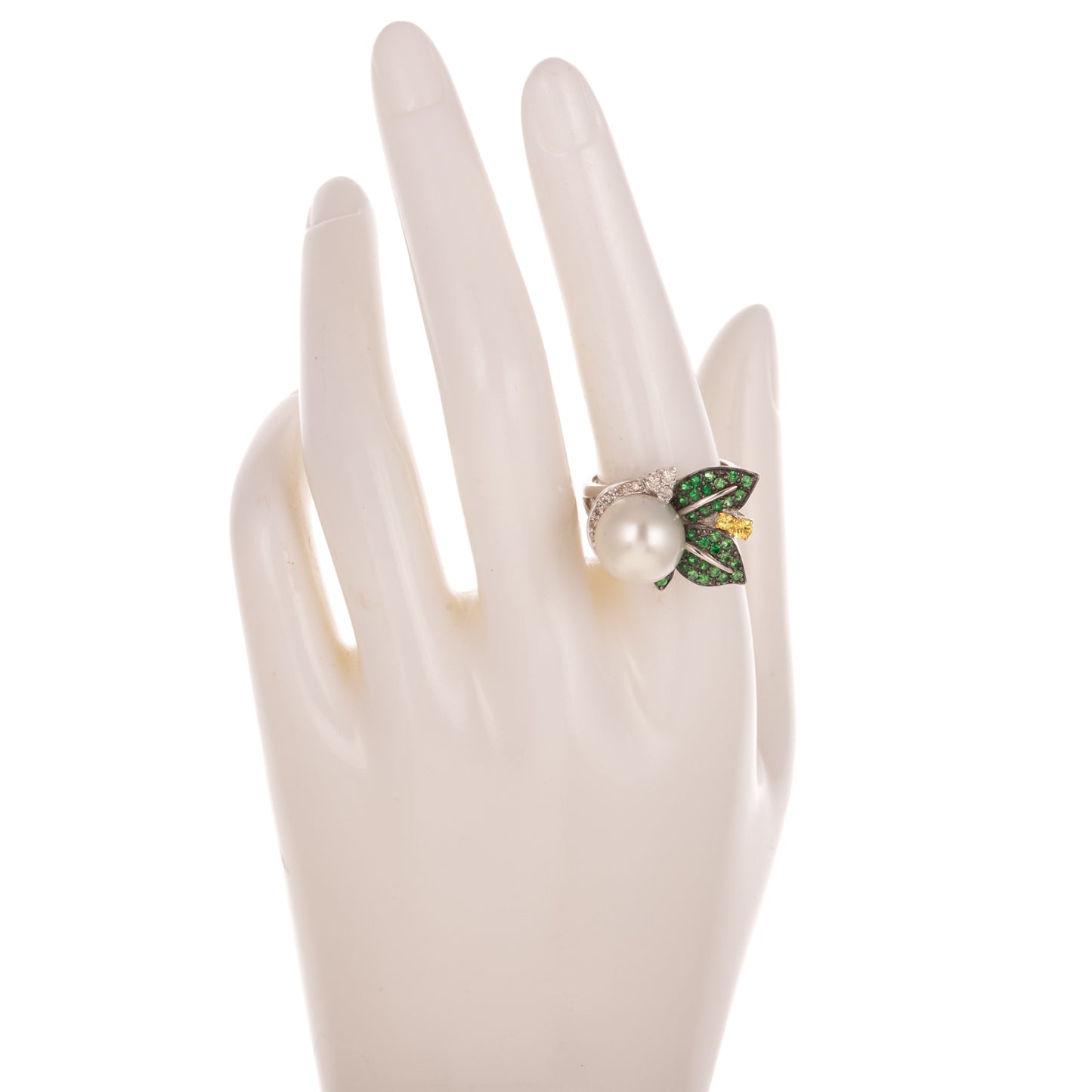 A Pearl & Gemstone Foliate Ring in 18K