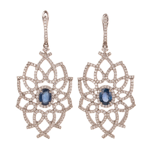 A Pair of Sapphire & Diamond Flower Earrings in 14K