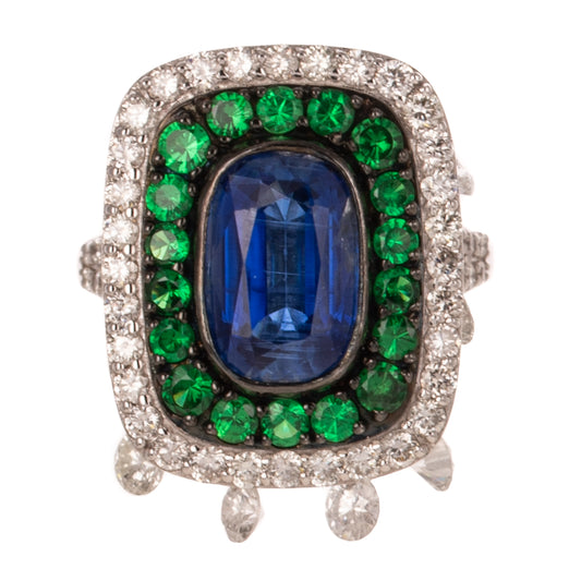 A Blue Kyanite, Emerald & Diamond Dangle Ring in 18K