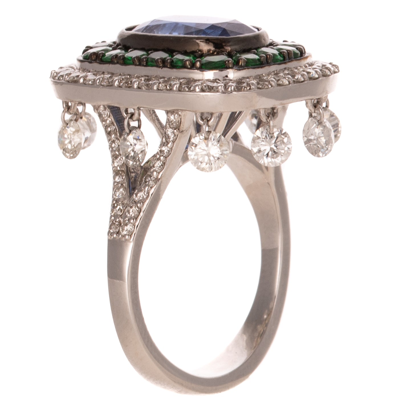 A Blue Kyanite, Emerald & Diamond Dangle Ring in 18K