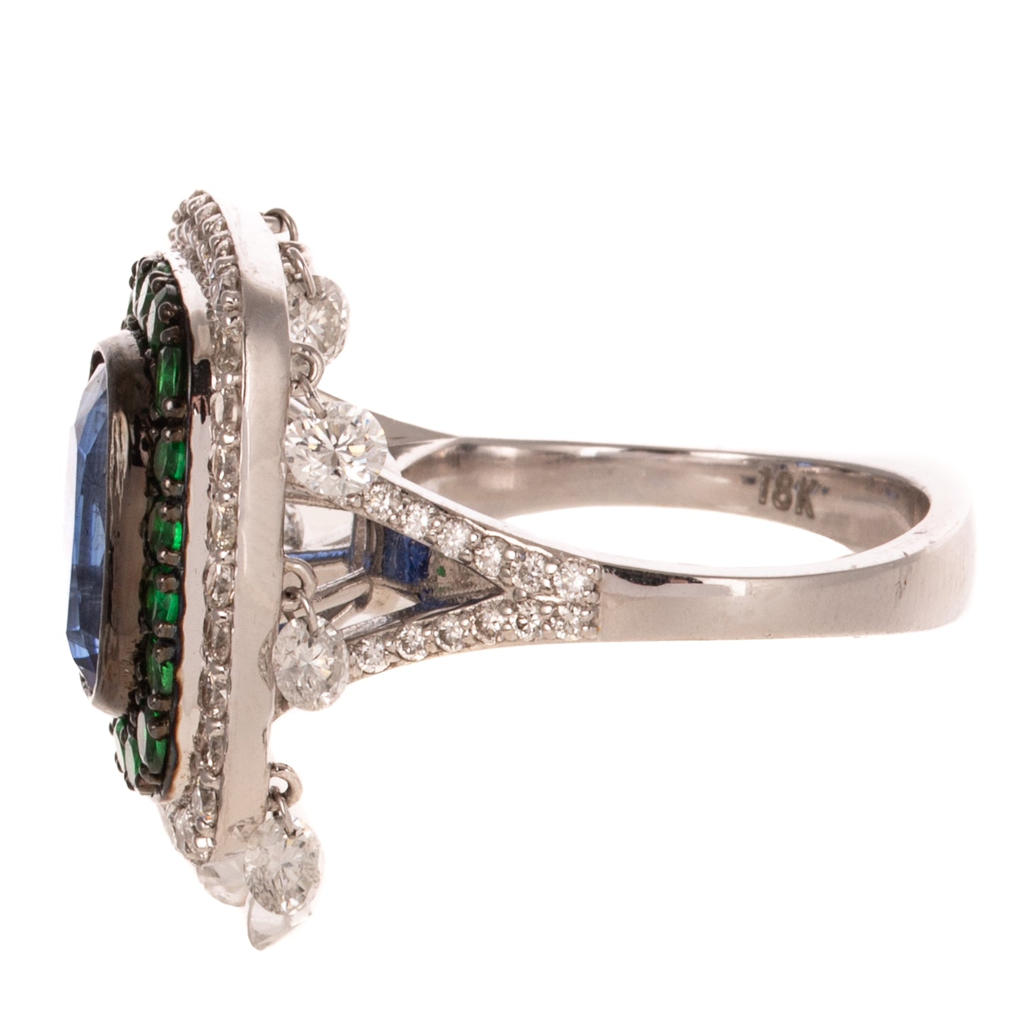A Blue Kyanite, Emerald & Diamond Dangle Ring in 18K