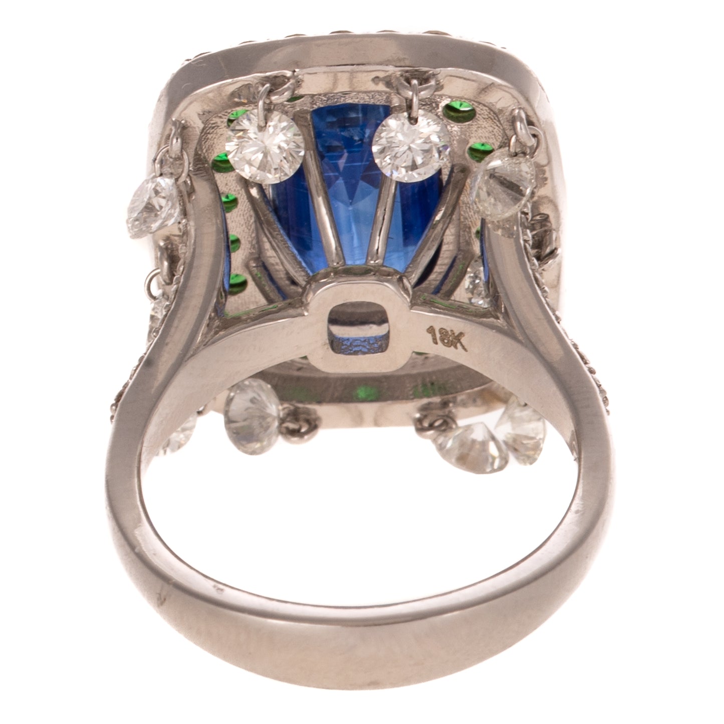 A Blue Kyanite, Emerald & Diamond Dangle Ring in 18K