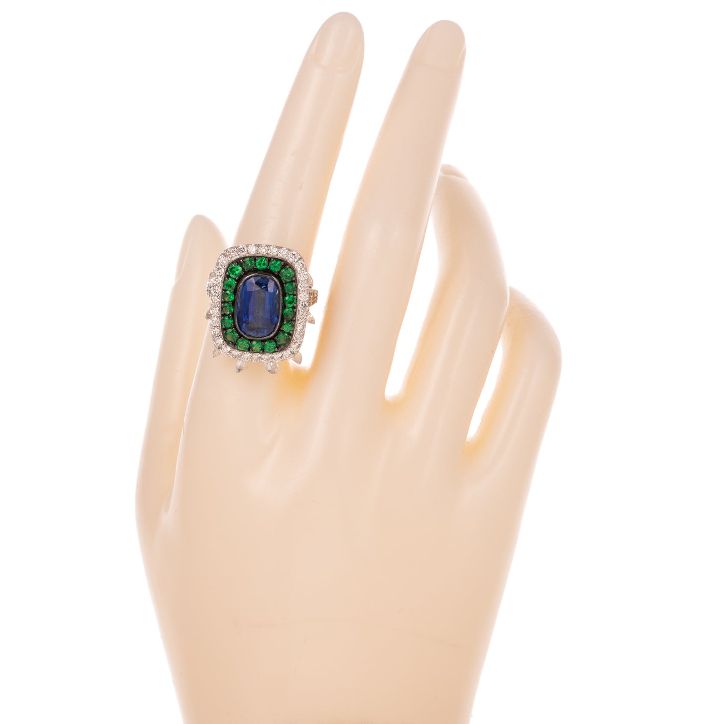 A Blue Kyanite, Emerald & Diamond Dangle Ring in 18K