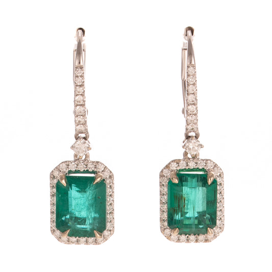 A Pair of Emerald & Diamond Dangle Earrings in 14K