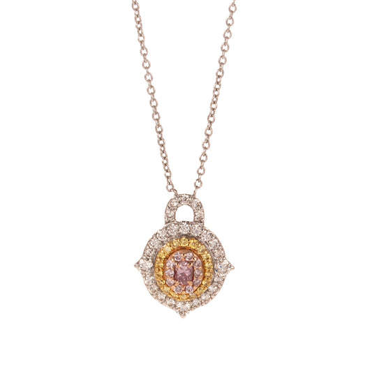 A Tri-Colored Diamond Halo Necklace in 14K