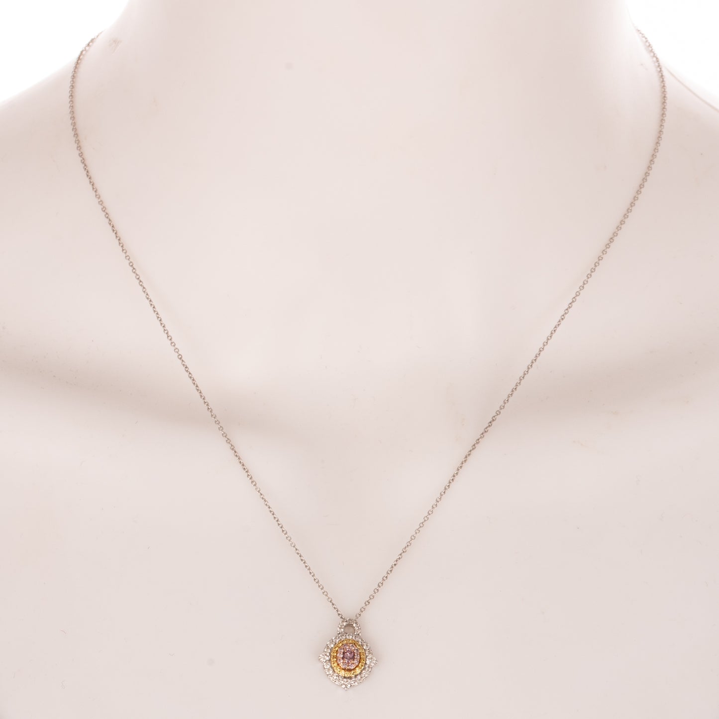 A Tri-Colored Diamond Halo Necklace in 14K