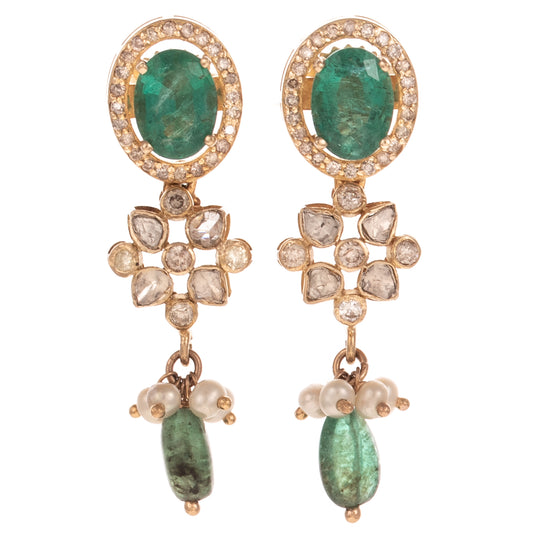 A Pair of Emerald, Pearl & Diamond Earrings in 18K