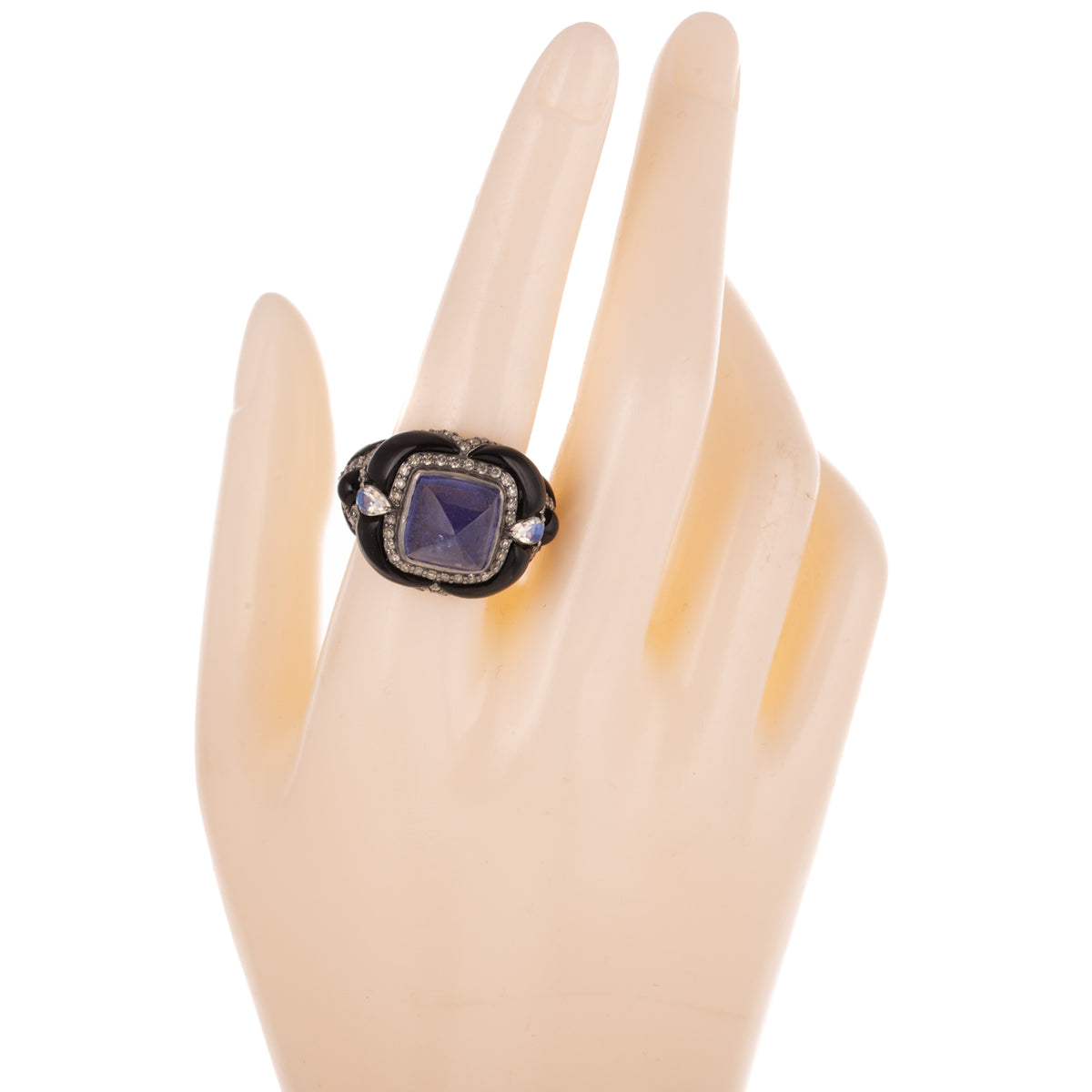 A Sugarloaf Tanzanite, Onyx & Moonstone Ring in 14K