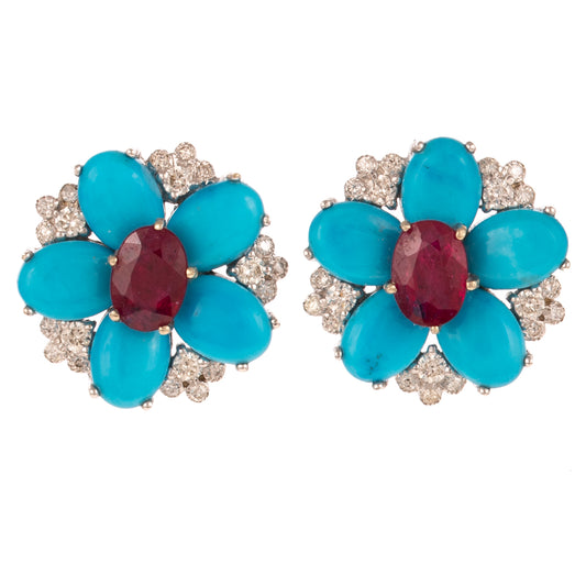 A Pair of Turquoise & Ruby Earrings in 14K